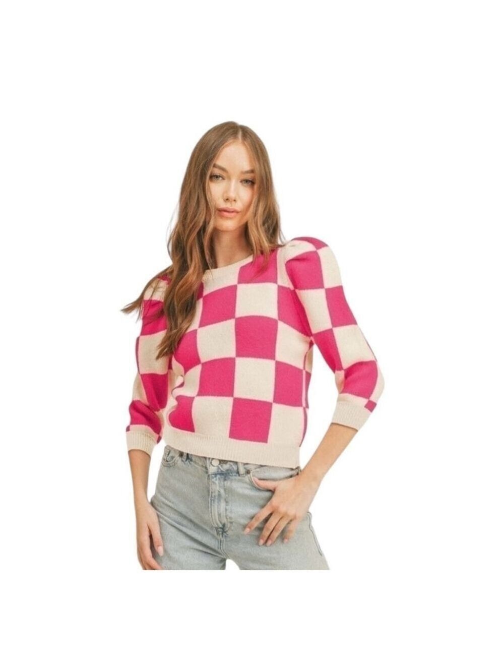Pink Checkered Puff Sleeve Cropped Sweater Size Large 10/12